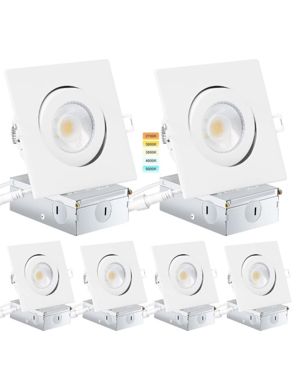 6 Pack Square LED Recessed Lights, Dimmable, 5 Color Temperature Options, White